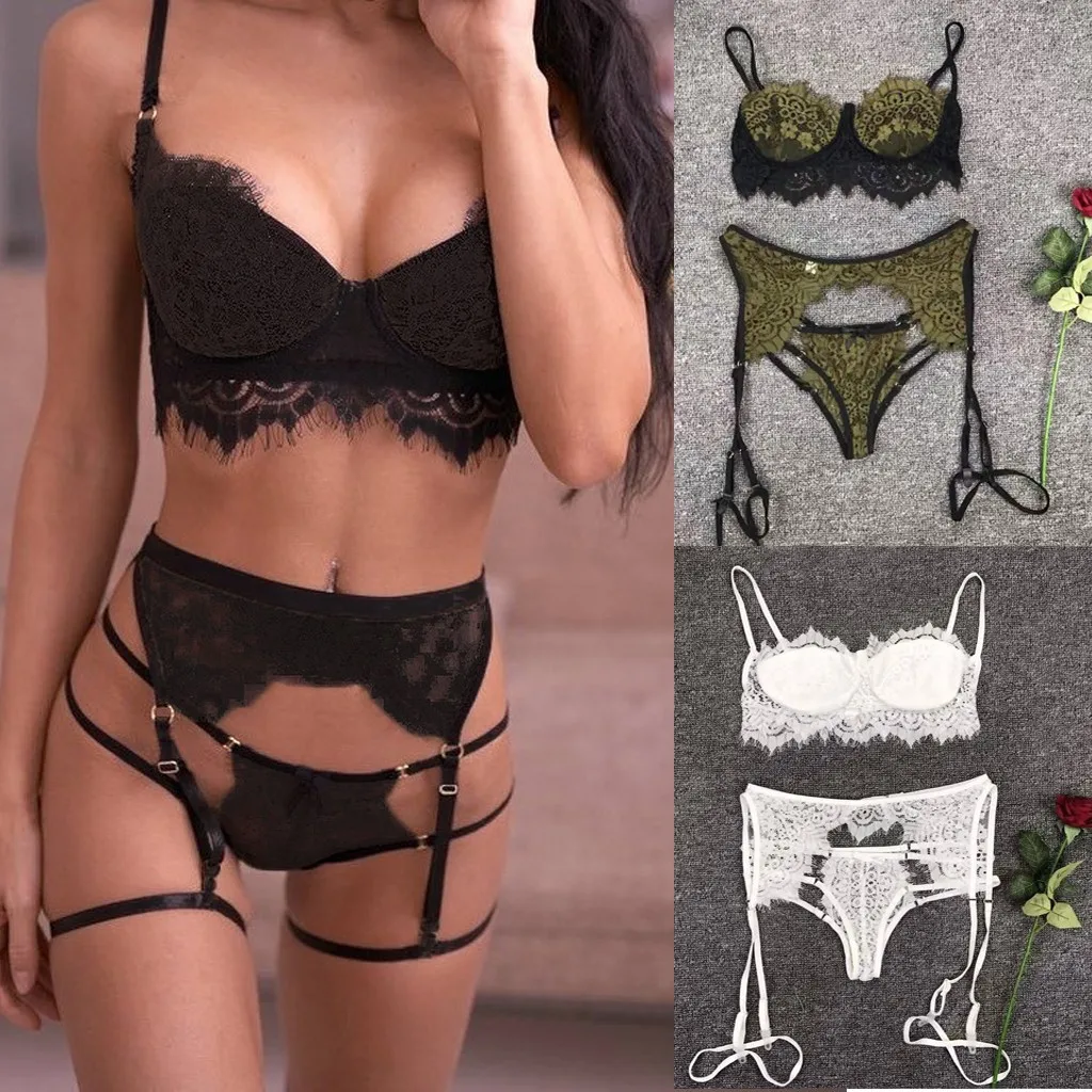 

Porno Lingerie Female Sexy Embroidery Eyelashes Lace Garter Bra Thong 3 Piece Suit Babydoll Bodysuit Erotic Underwear