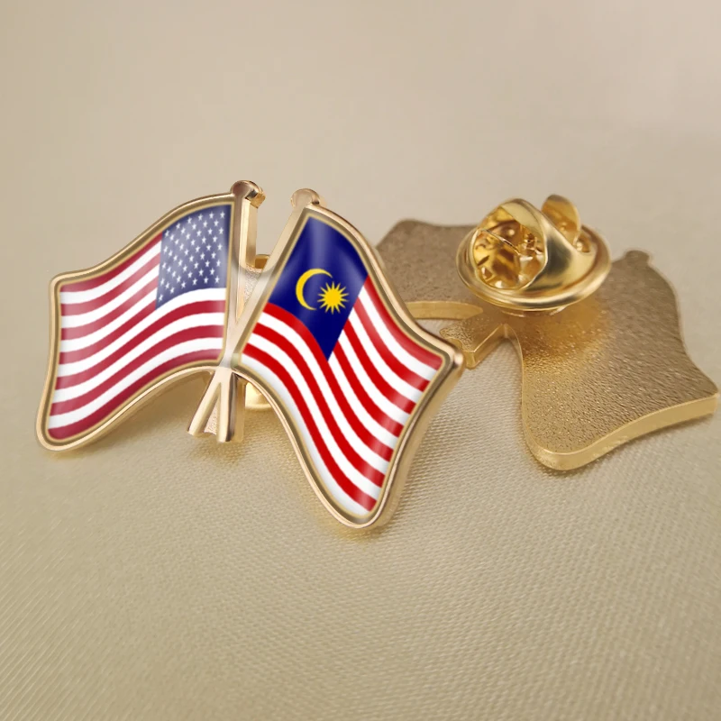 

United States and Malaysia Crossed Double Friendship Flags Lapel Pins Brooch Badges