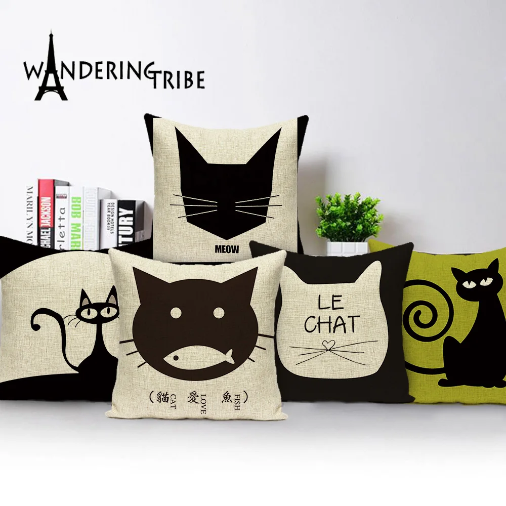 Декоративный Чехол Подушка с изображением черного кота квадратные декоративные
