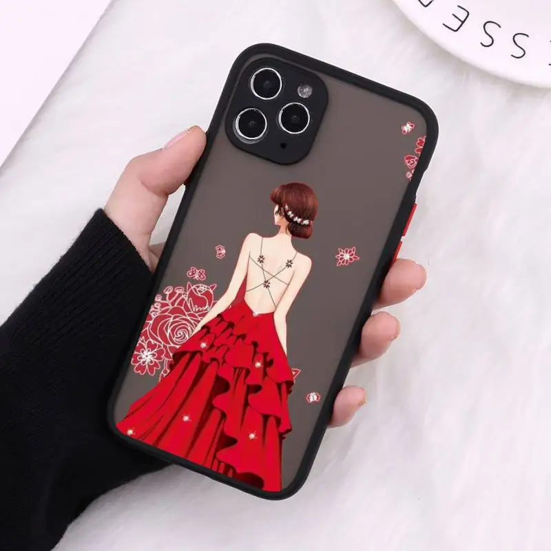 

Fashion red dress girl marry couple Phone Cases Matte For iPhone 12 Mini 11 Pro XR XS Max 7 8 Plus X Hard PC Back Cover