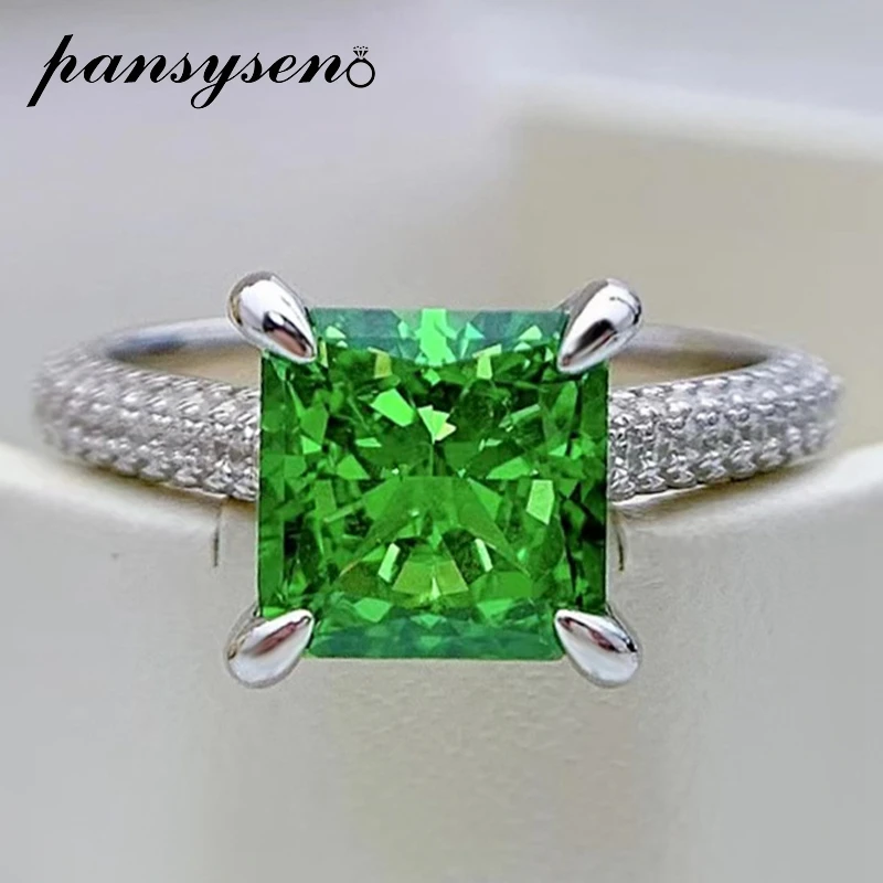 

PANSYSEN Vintage 925 Sterling Silver 8x8MM Emerald Sapphire Created Moissanite Cocktail Party Ring Women Fine Jewelry Wholesale