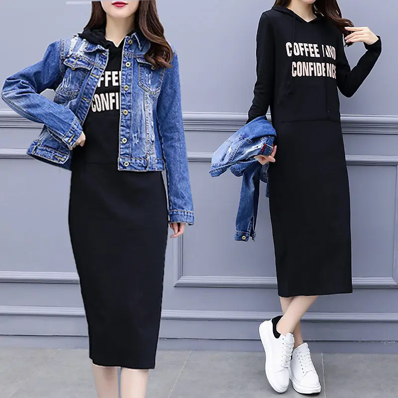 Женский джинсовый костюм с кофтой и длинным рукавом повседневный спортивный из