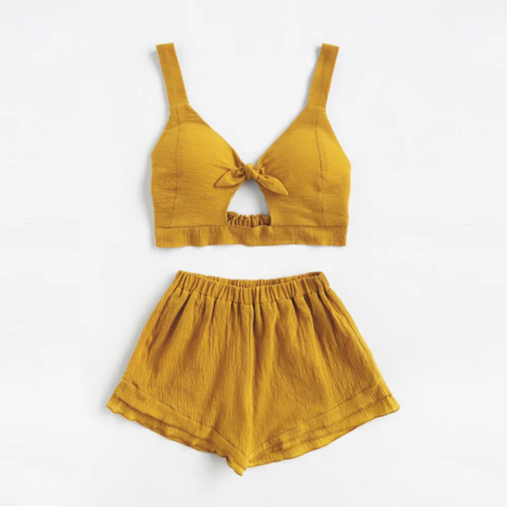 

Polyester Top Shorts Vacation Solid Cute Casual With Bowknot Summer Daily Sleeveless Women Suit