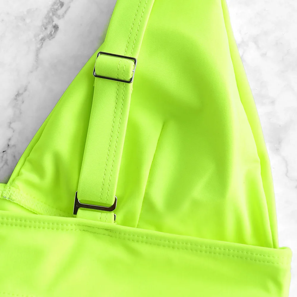 ZAFUL Push Buckle Neon Plunging Bikini Top For Women 2020 Solid Neck Padded Triangle Cup Green Yellow | Спорт и развлечения