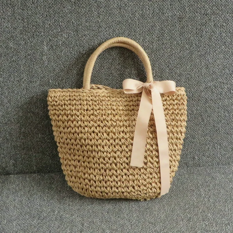 Вязаная сумочка пляжная сумка на плечо Женская тканая соломенная с бантом из