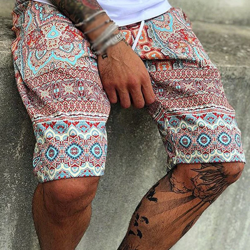 

Men Summer Bottoms Printing Loose Shorts Male Cool Thin Knee Length Pants Stitching Pockets Straight Elastic Waist Beach Shorts