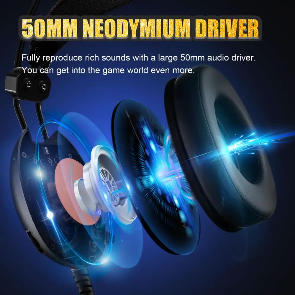 Игровые наушники EKSA Virtual 7 1/50 мм неодимовый драйвер с шумоподавлением Mic RGB Flash led