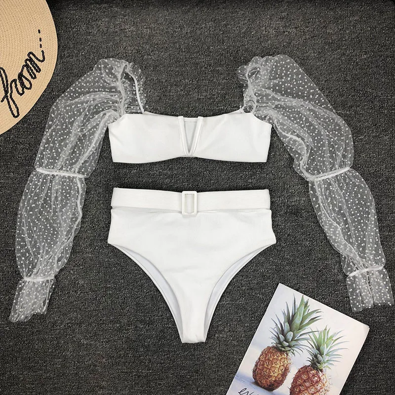 Sexy High Waist Bikini Long Sleeves Swimsuit Transparent Women Swimwear Polka Dot 2020 Bathing Suit 2 Pieces | Женская одежда