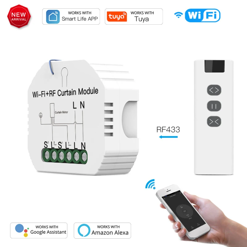 

Электрический роликовый затвор для штор Tuya Wi-Fi RF433, модуль переключателя для занавесок с дистанционным управлением, работает с Google Home, Alexa, го...