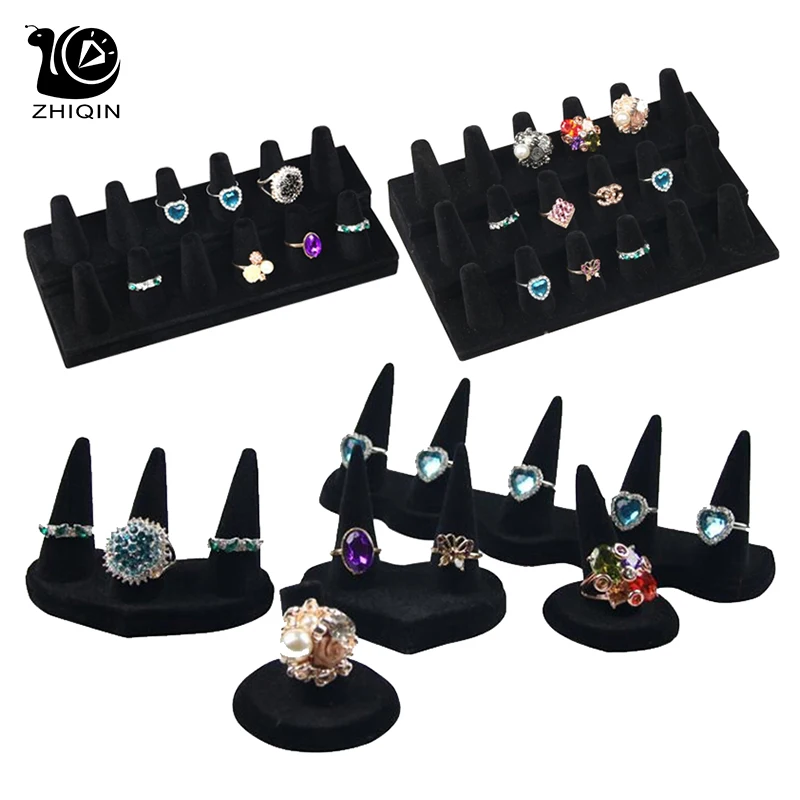 Черная бархатная витрина для ювелирных колец Подставка хранения органайзер