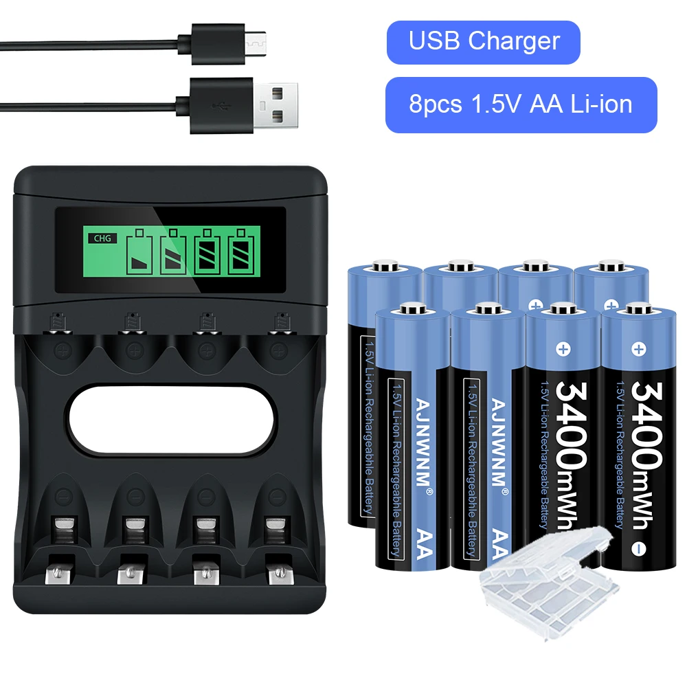 

AJNWNM 1.5v AA Battery Rechargeable 3000mWh AA Rechargeable Battery 1.5v with LCD Charger for 1.5V Lithium Li-ion AA AAA Battery
