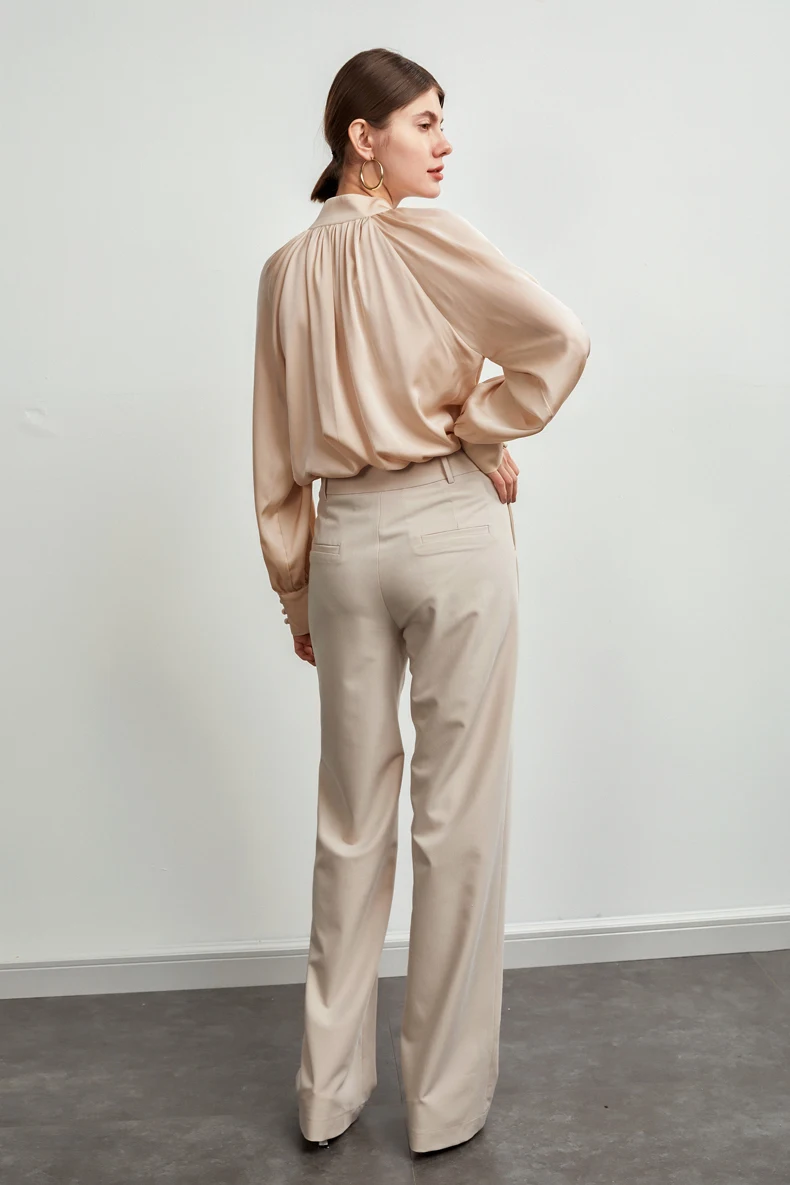 

90% Silk 10% Spandex Women's Shirt Stand Collar Long Lantern Sleeves Buttons Ruched Fashion Blouse Camisa Tops