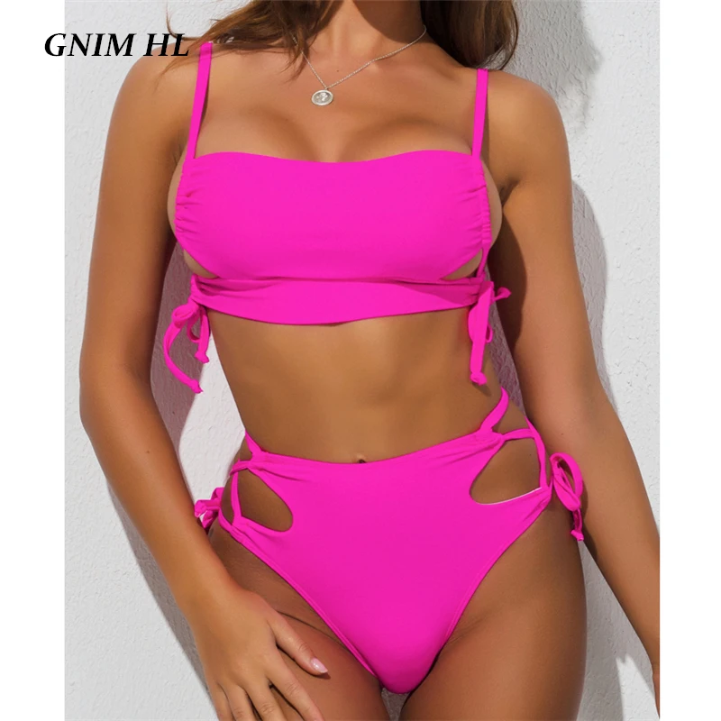 

GNIM High Waist Bikini Swimwear Women 2020 Sexy Hollow Out Bandage Brazilian Swimsuit Female Two Pieces Solid Swimming Suit New