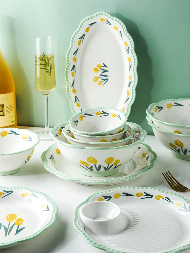 Керамические Столовые приборы тюльпаны с цветочным принтом под глазурованным