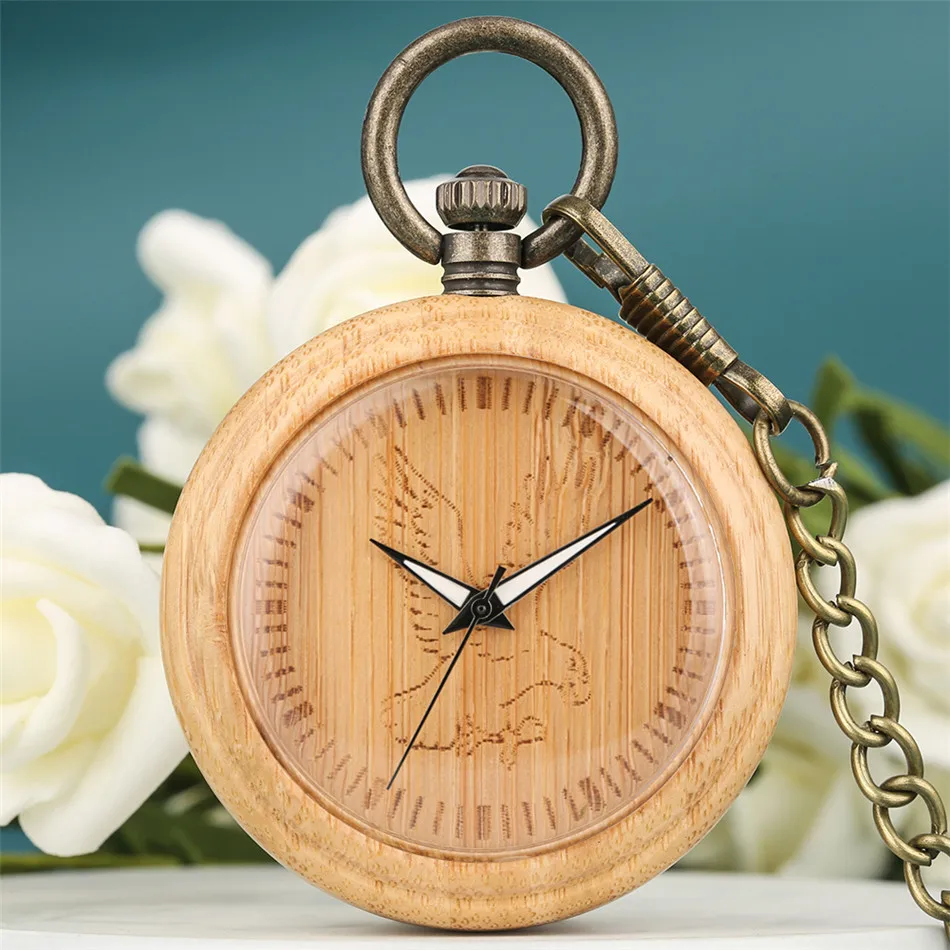 

Engraving Flying Eagle Luminous Pointer Quartz Bamboo Pocket Watch Bronze Pocket Chain Pendant Clock Gifts Men Women