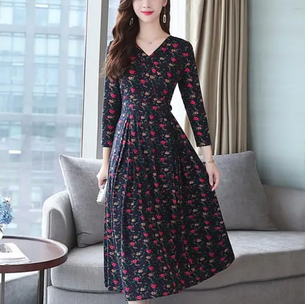 Осень Зима XXXL плюс размер черные полосатые миди платья корейские женские