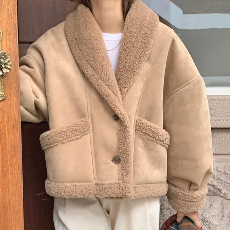 

Korean Chic Winter Lapel Lamb Wool Two Buttons Loose and Versatile Thickened Fur Short Coat Female