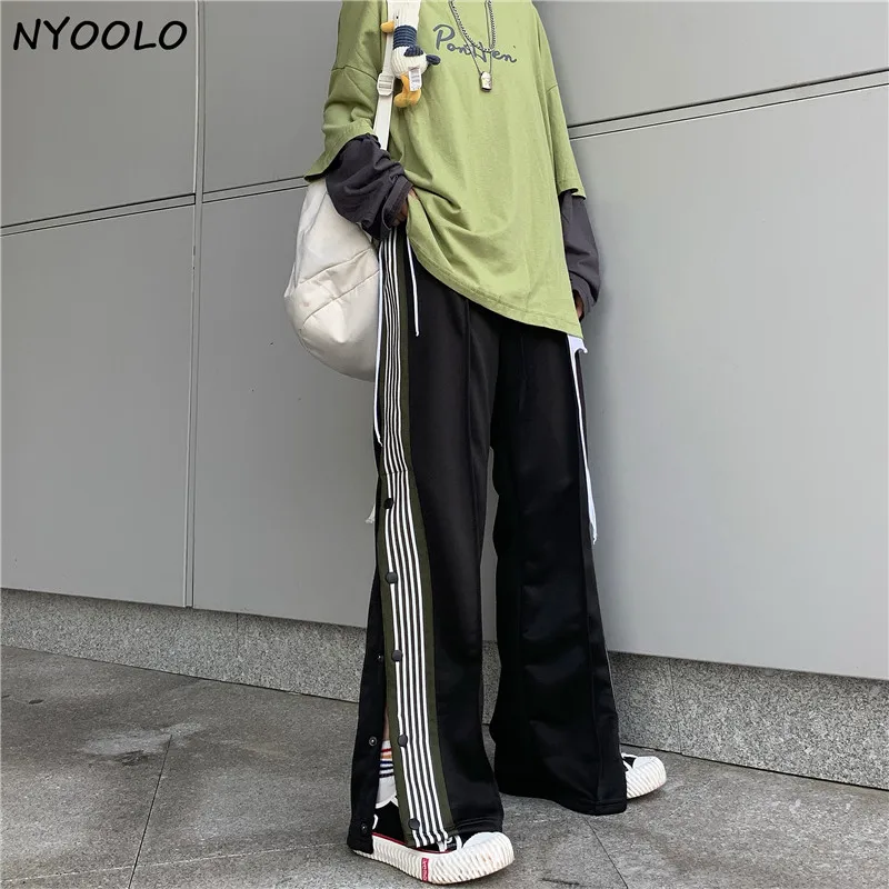 

Винтажные полосатые лоскутные брюки NYOOLO с вышивкой бабочки с высокой талией и широкими штанинами осенние длинные брюки для бега с эластичн...