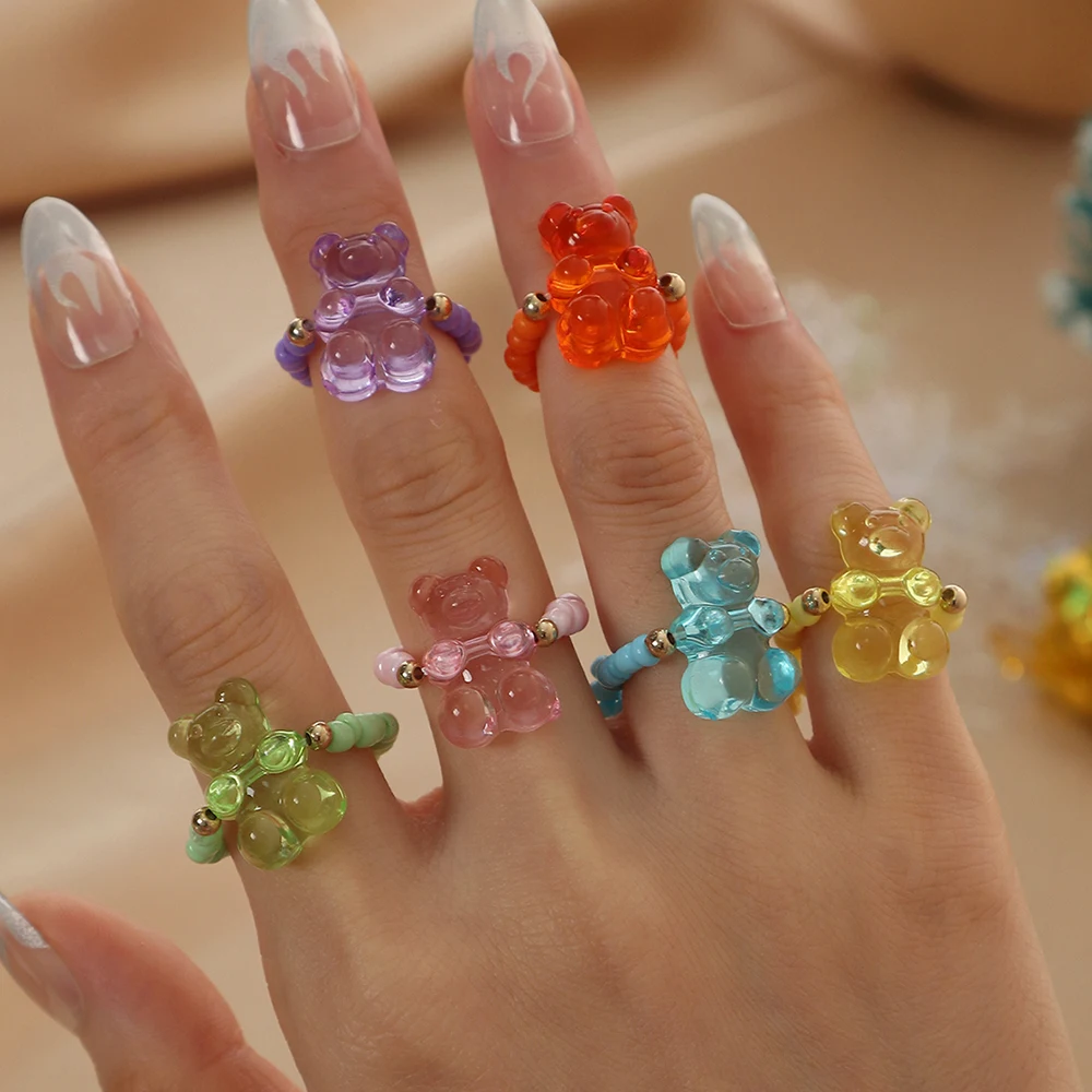 Cute Candy Resin Little Bear Rings  Handmade Colorful Beads Chain Elastic Adjustable Rings Jewelry Gifts For Girls 6 Suit