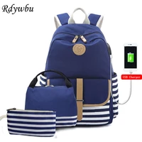3pcs navy blue canvas backpack teenager high quality bagpack school big striped travel laptop plecak mochila escolar b808