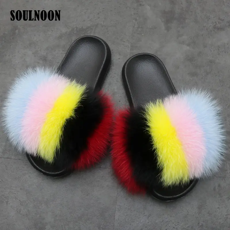 

Rainbow Fox Fur Slippers Women Summer Fashion Furry Slides Soft Flat Home Slippers Ladies Casual Plush Luxury Flip Flops Sandals