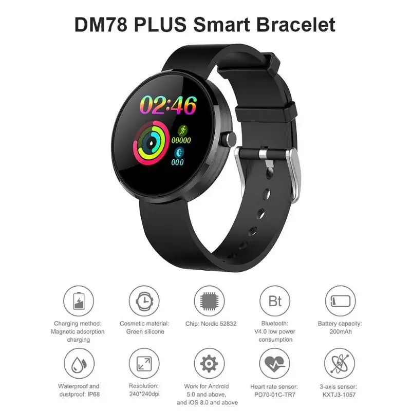 

fashion men smart Watch DM78 Plus IP67 Waterproof Activity Tracker Heart Rate Monitor women Smart wristband