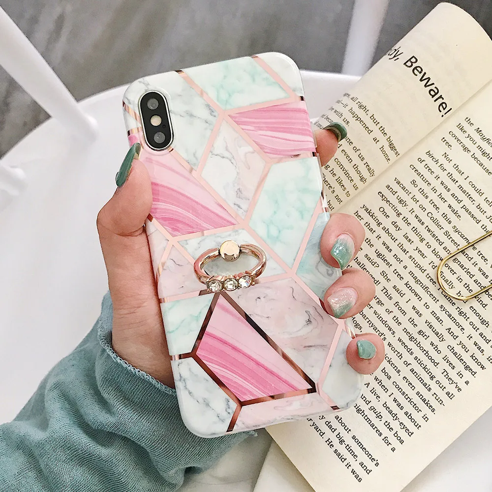 Чехол для телефона LOVECOM для iPhone 11 Pro XR XS Max 6 6S 7 8 Plus X Мягкая Гальваническая мраморная задняя крышка с кольцом на палец