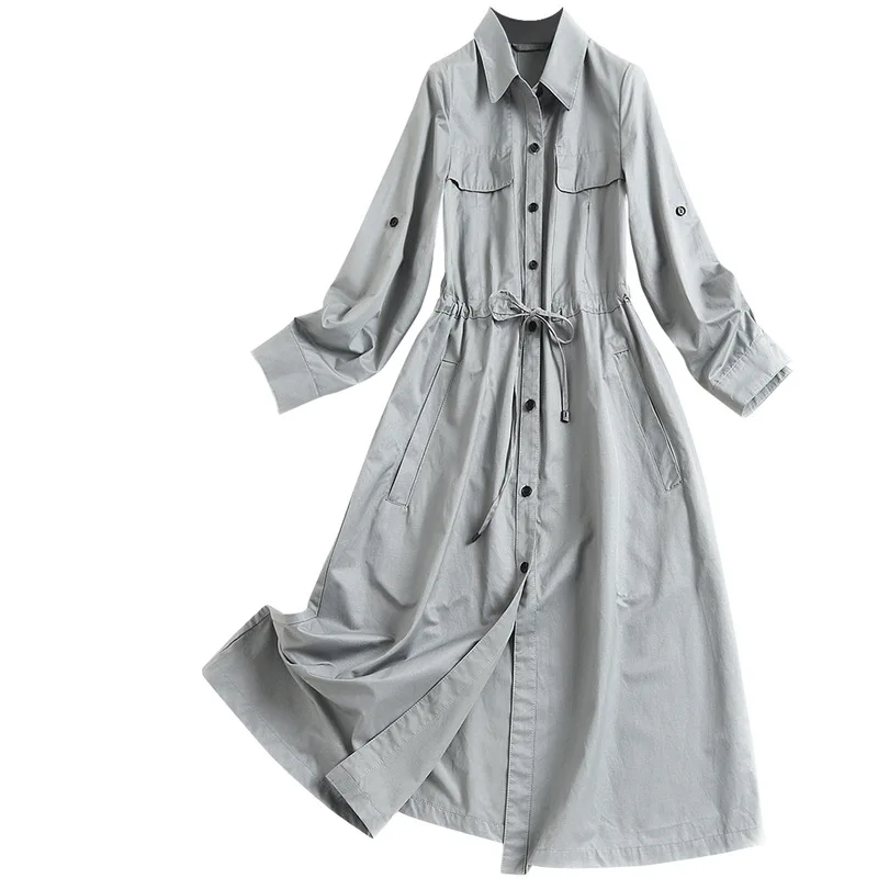 

Women fashion designer trench dress spring summer 2021 single breasted shirt collar drawstring casual dresses khaki green