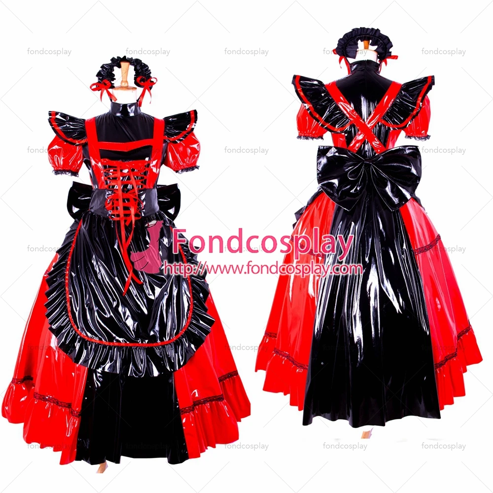 

fondcosplay adult sexy cross dressing sissy maid long Dress red black thin Pvc Lockable Uniform Costume Tailor-made[CK792]