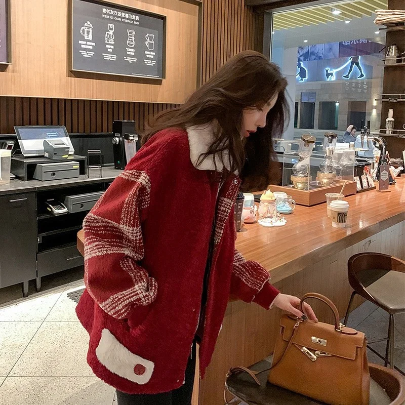 

CMAZ New Woolen Coat Small Red Chanel Style Lamb Wool Thickened Coat for Women Autumn and Winter All-Matching