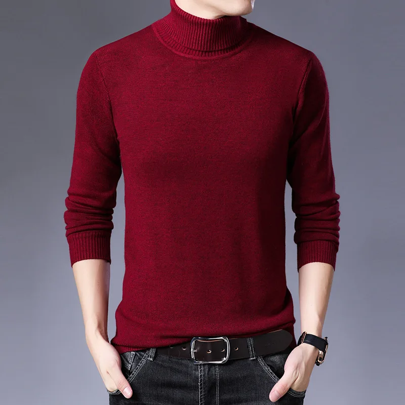 High Quality Men's Autumn and Winter Turtleneck Sweater Men's Slim Thick Warm Round Neck Knitted Bottoming Shirt Black Sweater