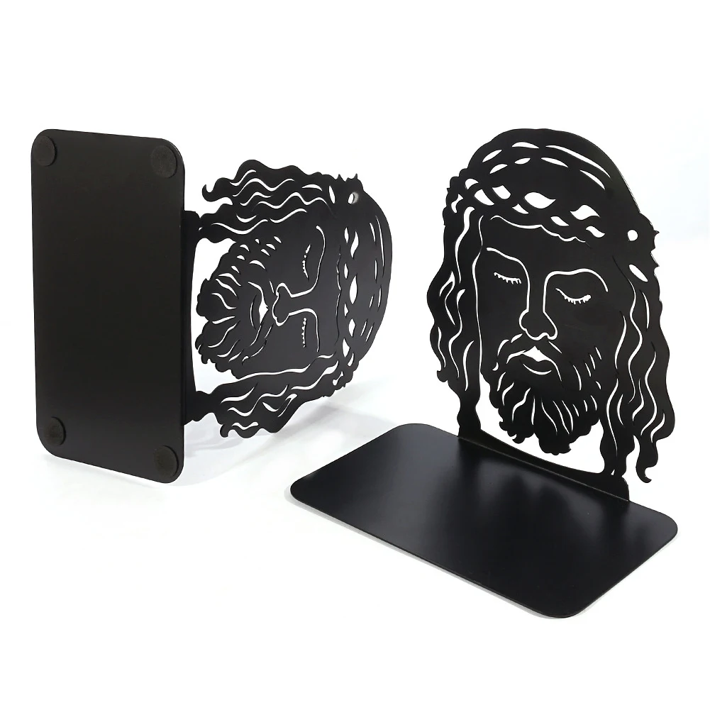 

1pair Support Religious Jesus Stainless Steel Book End Universal Gift Home Decor Desktop School Office Black Free Standing