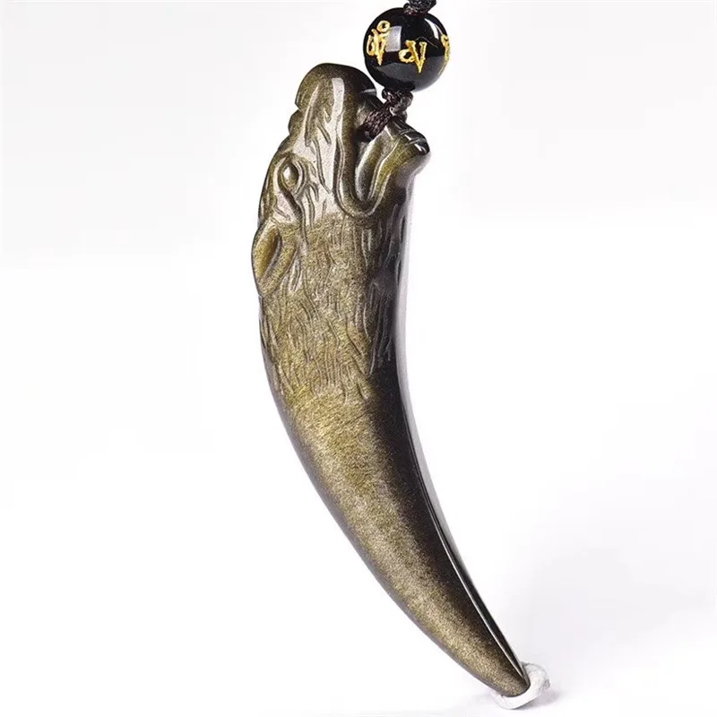 Натуральный камень золотой обсидиан ручная работа резные зубы волка амулет на