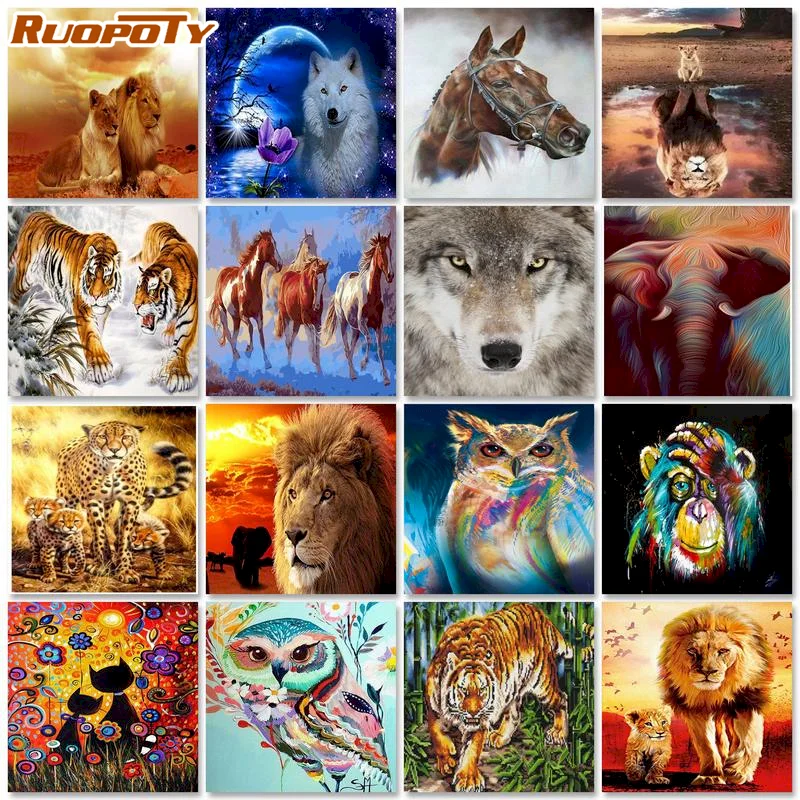 

RUOPOTY Diamond Painting Animals Cross Stitch Kits Diamond Embroidery Lion Picture Rhinestones Msaic Art Kits Landscape Home De