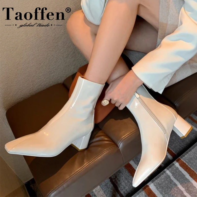 

Taoffen Real Leather Ankle Boots Shoes Square Toe Thick Heel Zipper Solid Color Outdoor Fashion Female Footwear Size 34-40