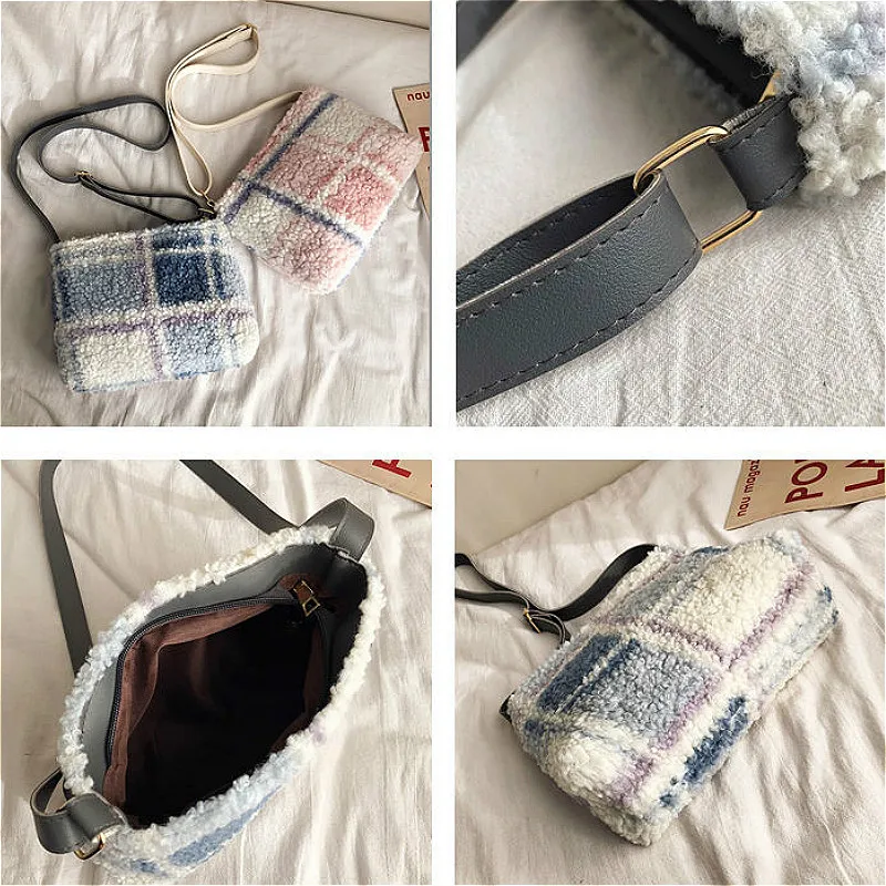 

Faux Fur Bags Women Plush Flap Kawaii Plaid Harajuku Single-shoulder Winter Elegant All-match Gift Christmas Warm Large Capacity