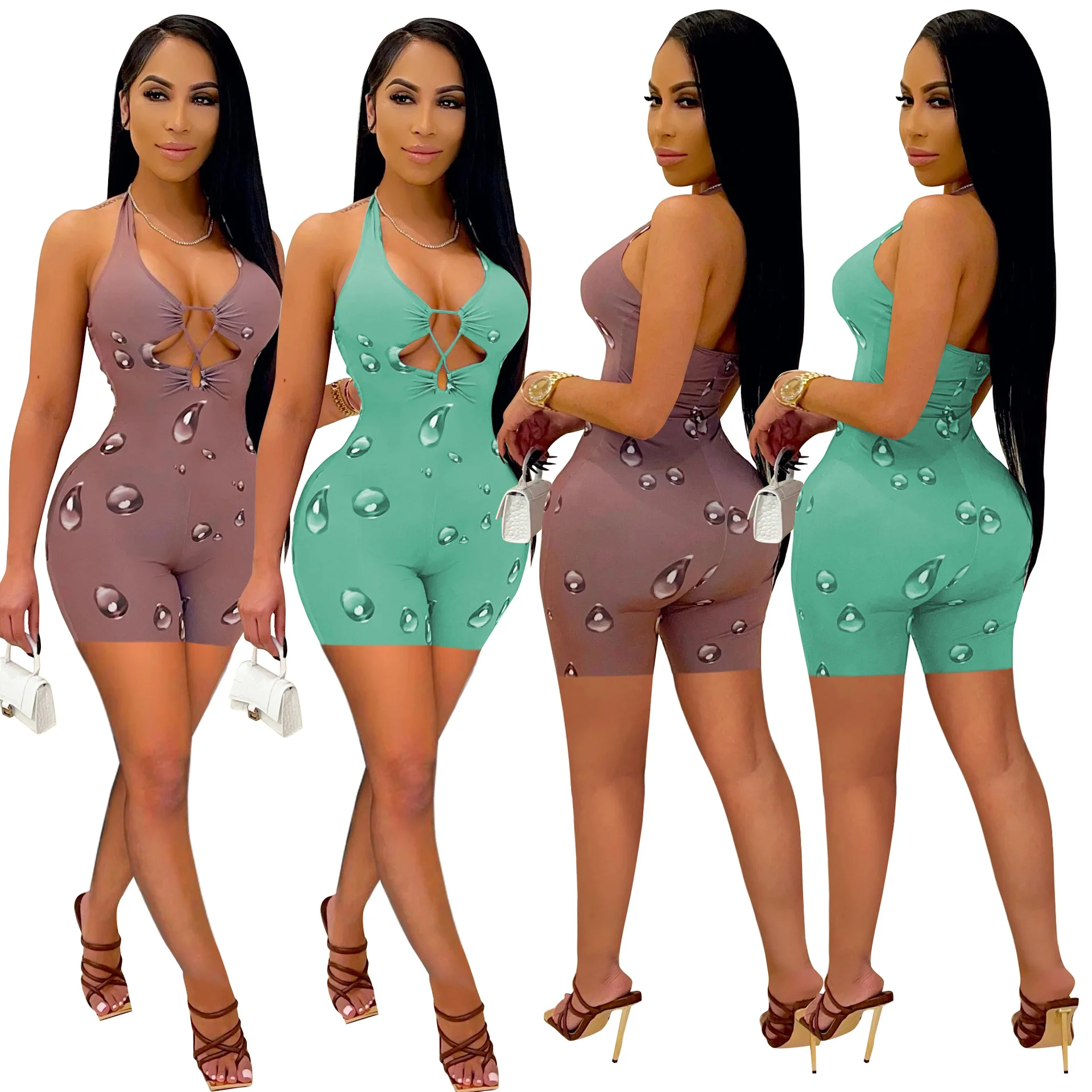 

2021 Sexy Women's V-Neck Leotard Jumpsuit Buttoned Leotard Shorts Fashion Raindrop Printed Sleeveless Sexy Open-Chested Lace-Up
