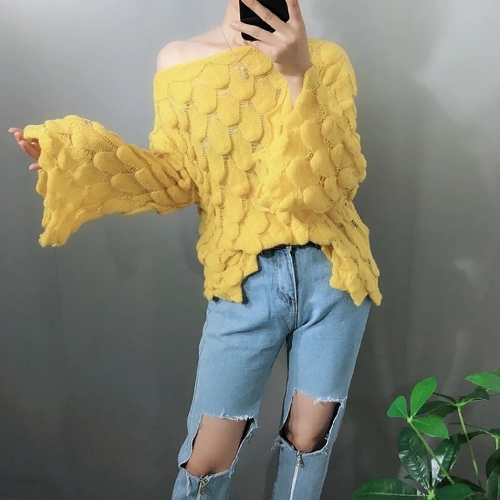 Oversized sweater women Fashion Winter Long Sleeve Feather Knit SLash Neck Off-Shoulder Sweater new high quality pullovers | Женская