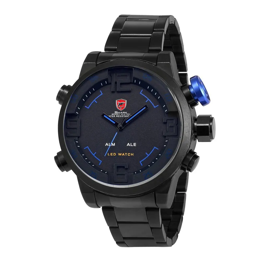 Blue SH106 Роскошная Коробка Бренд Акула Часы Мужчины в Стили Армия 6 Цветов Часовые Поясы Нержавеющая Стиль Модные Цифровые Кварцевые Водонепроницаемые Военные Спортивные Мужские Наручные Часы/SH103-SH108 - Цвет: Blue SH106