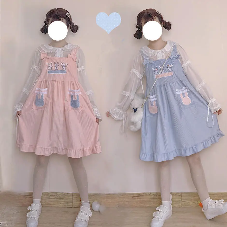 

Japanese Mori Girl Kawaii Corduroy Dress Cute Rabbit Loose Teenagers Overall Spring Dress Lolita Harajuku Blue Pink Bow Dresses