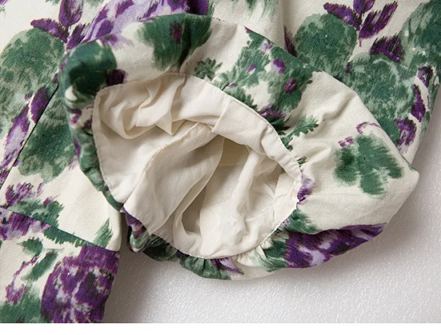 

French Retro Purple Flower Print Cotton Hemp Square Neck Lantern Sleeve Dress