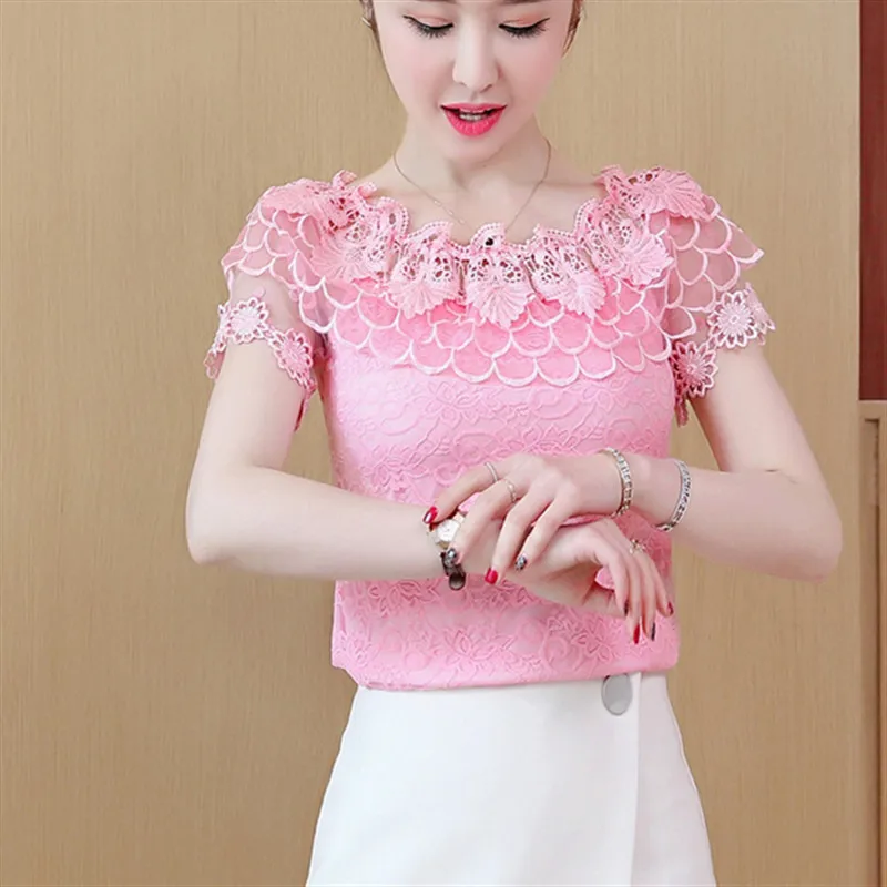 

POUNGDUDU 2021 Summer Women's Chiffon Shirt Female Tops For Women's Blouse Sweet Girl Lace Slash Neck Hollow-Out Office Lady