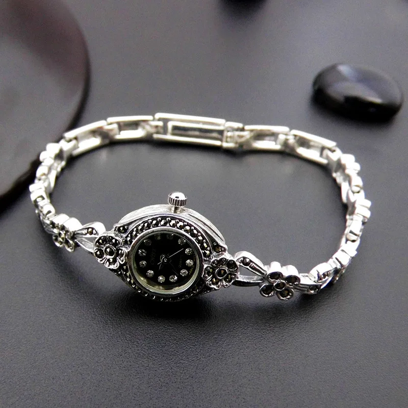 S925 Silver Retro Ethnic Thai Silver Jewelry Bracelet Personality Small Flower Quartz Watch Wholesale Watch New enlarge