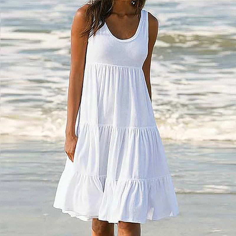 

Dresses for Women 2021 Sleeveless Round Neck Solid Color Beach Dress Vestido De Mujer G2841