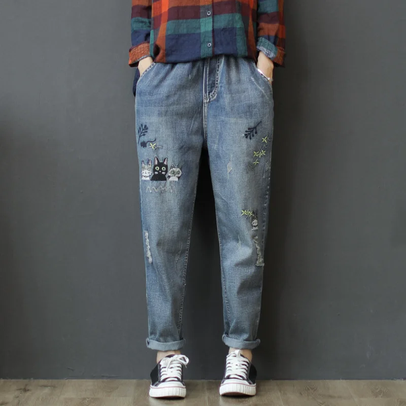 

Women Spring Summer Fashion Korea Style Elastic Waist Vintage Embroidery Calf Length Harem Pants Office Lady Casual Loose Jeans