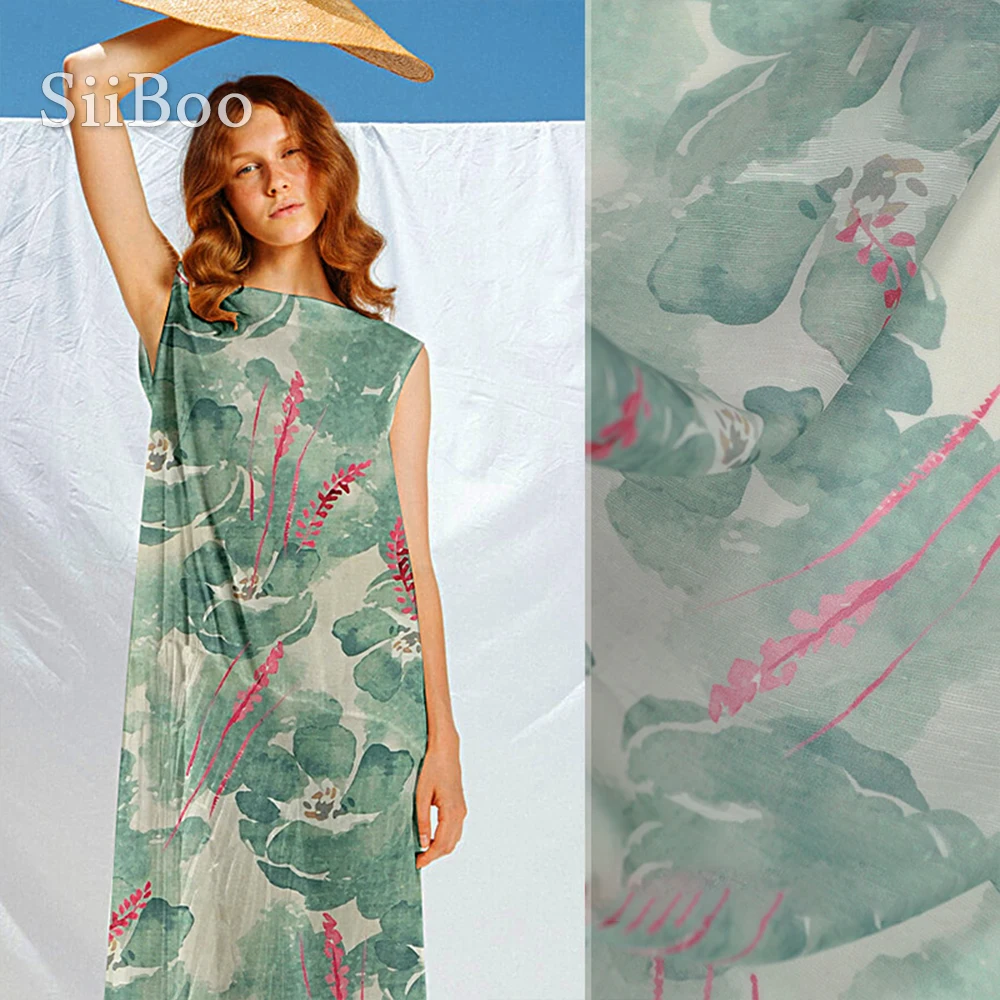 

American elegant floral printed breathable silk linen fabric for women summer dress shirt skirt tela de lino y seda SP6157