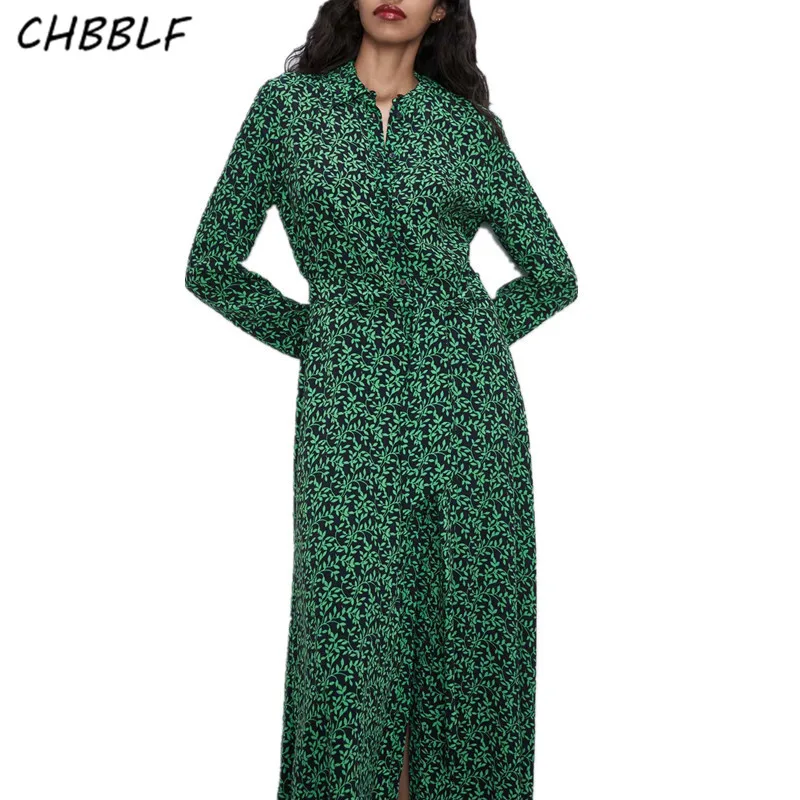 

CHBBLF women retro print midi dress sashes long sleeve turn down collar female casual vintage mid calf dresses vestidos XDN9002
