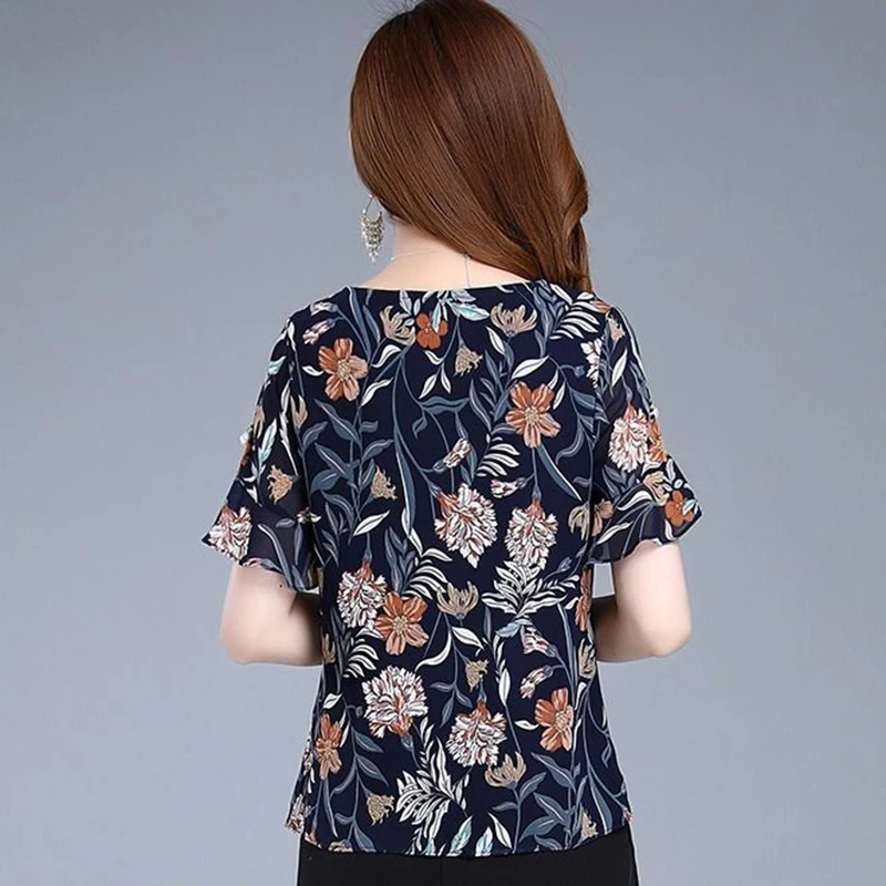 Женские повседневные Летние шифоновые блузки с круглым вырезом и цветочным