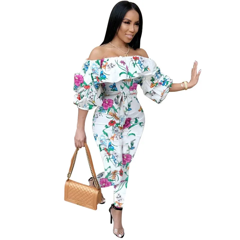

Floral Jumpsuit Women Summer Rompers Puff Sleeve Sexy Slash Neck Off Shoulder Printing Playsuits Sashes Slim Overall Combinaison