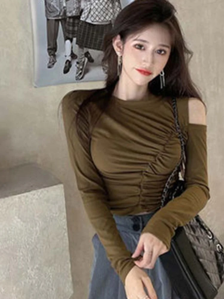 

New Blouse Women Pleated Strapless Slim Slimming Long Sleeve Bottoming Shirt 2020 Autumn Fashion Female Pure Color Short Tops